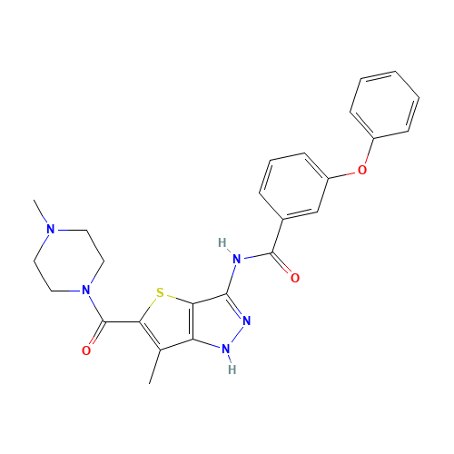 N-[6-methyl-5-(4-methylpiperazine-1-carbonyl)-1H-thieno[3,2-c]pyrazol-3-yl]-3-phenoxybenzamide (CAS: 648412-36-6) - Related Chemical Product
