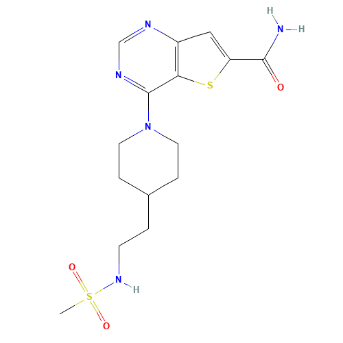 4-[4-[2-(methanesulfonamido)ethyl]piperidin-1-yl]thieno[3,2-d]pyrimidine-6-carboxamide (CAS: 1431411-66-3) - Chemical Structure and Molecular Formula 