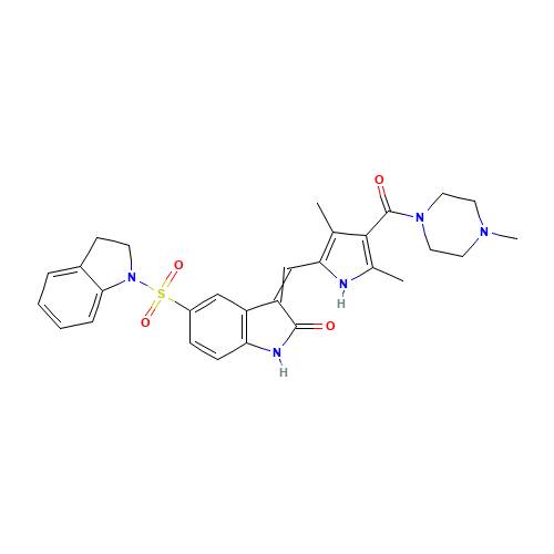 5-(2,3-dihydroindol-1-ylsulfonyl)-3-[[3,5-dimethyl-4-(4-methylpiperazine-1-carbonyl)-1H-pyrrol-2-yl]methylidene]-1H-indol-2-one (CAS: 1289636-96-9) - Chemical Structure and Molecular Formula 