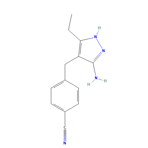 4-[(3-amino-5-ethyl-1H-pyrazol-4-yl)methyl]benzonitrile (CAS: 1401728-85-5) - Chemical Structure and Molecular Formula 