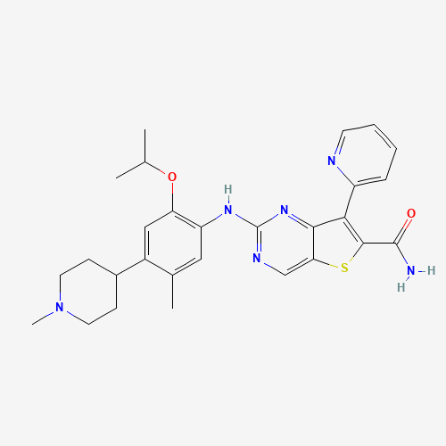 2-[5-methyl-4-(1-methylpiperidin-4-yl)-2-propan-2-yloxyanilino]-7-pyridin-2-ylthieno[3,2-d]pyrimidine-6-carboxamide (CAS: 1462947-74-5) - Chemical Structure and Molecular Formula 