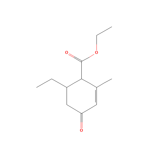 ethyl 6-ethyl-2-methyl-4-oxocyclohex-2-ene-1-carboxylate (CAS: 5421-90-9) - Chemical Structure and Molecular Formula 
