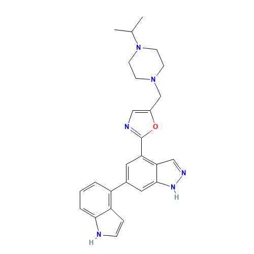 2-[6-(1H-indol-4-yl)-1H-indazol-4-yl]-5-[(4-propan-2-ylpiperazin-1-yl)methyl]-1,3-oxazole (CAS: 1254036-71-9) - Chemical Structure and Molecular Formula 