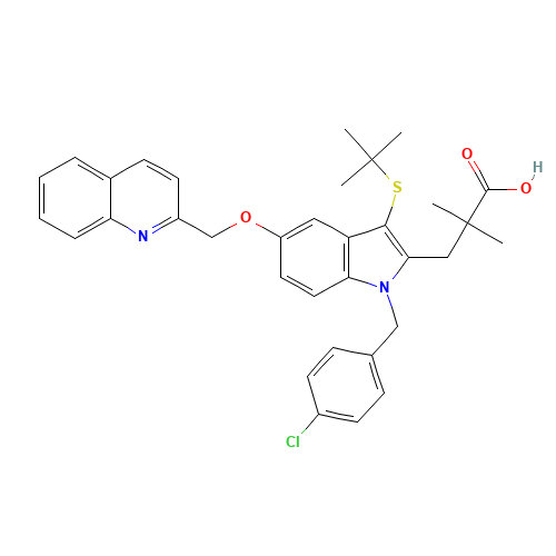 3-[3-tert-butylsulfanyl-1-[(4-chlorophenyl)methyl]-5-(quinolin-2-ylmethoxy)indol-2-yl]-2,2-dimethylpropanoic acid (CAS: 136668-42-3) - Chemical Structure and Molecular Formula 
