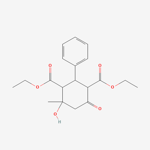 diethyl 4-hydroxy-4-methyl-6-oxo-2-phenylcyclohexane-1,3-dicarboxylate (CAS: 17572-39-3) - Chemical Structure and Molecular Formula 