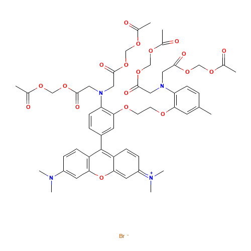 bis[2-(acetyloxymethoxy)-2-oxoethyl]-[2-[2-[2-[bis[2-(acetyloxymethoxy)-2-oxoethyl]amino]-5-methylphenoxy]ethoxy]-4-[3,6-bis(dimethylamino)xanthen-9-ylidene]cyclohexa-2,5-dien-1-ylidene]azanium;bromide (CAS: 145037-81-6) - Related Chemical Product