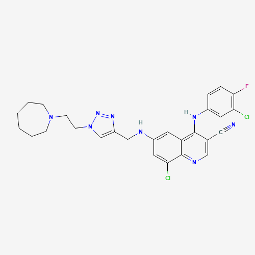 6-[[1-[2-(azepan-1-yl)ethyl]triazol-4-yl]methylamino]-8-chloro-4-(3-chloro-4-fluoroanilino)quinoline-3-carbonitrile (CAS: 915365-57-0) - Chemical Structure and Molecular Formula 