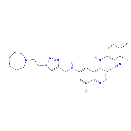 6-[[1-[2-(azepan-1-yl)ethyl]triazol-4-yl]methylamino]-8-chloro-4-(3-chloro-4-fluoroanilino)quinoline-3-carbonitrile (CAS: 915365-57-0) - Chemical Structure and Molecular Formula 