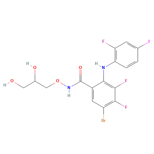 5-bromo-N-(2,3-dihydroxypropoxy)-3,4-difluoro-2-(2-fluoro-4-iodoanilino)benzamide (CAS: 391210-00-7) - Related Chemical Product