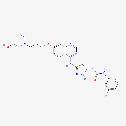2-[3-[[7-[3-[ethyl(2-hydroxyethyl)amino]propoxy]quinazolin-4-yl]amino]-1H-pyrazol-5-yl]-N-(3-fluorophenyl)acetamide (CAS: 722544-51-6) - Related Chemical Product