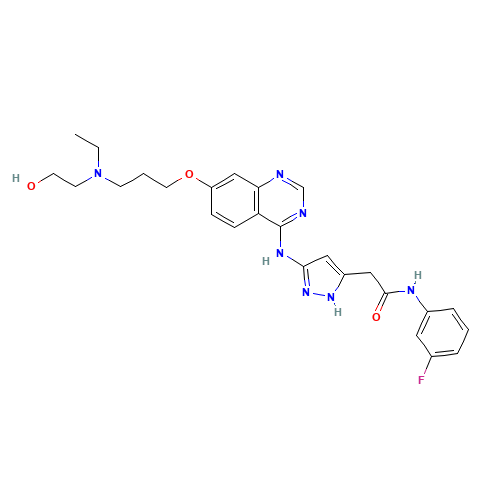 2-[3-[[7-[3-[ethyl(2-hydroxyethyl)amino]propoxy]quinazolin-4-yl]amino]-1H-pyrazol-5-yl]-N-(3-fluorophenyl)acetamide (CAS: 722544-51-6) - Related Chemical Product