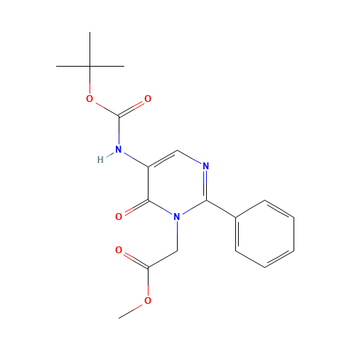 methyl 2-[5-[(2-methylpropan-2-yl)oxycarbonylamino]-6-oxo-2-phenylpyrimidin-1-yl]acetate (CAS: 356533-99-8) - Chemical Structure and Molecular Formula 