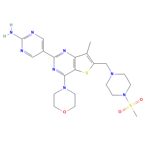 5-[7-methyl-6-[(4-methylsulfonylpiperazin-1-yl)methyl]-4-morpholin-4-ylthieno[3,2-d]pyrimidin-2-yl]pyrimidin-2-amine (CAS: 1032754-81-6) - Related Chemical Product
