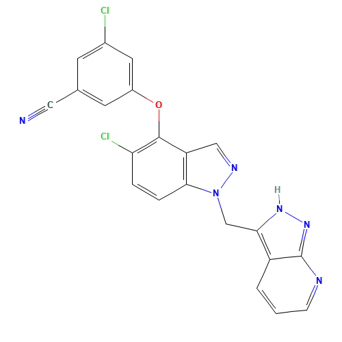 3-chloro-5-[5-chloro-1-(2H-pyrazolo[3,4-b]pyridin-3-ylmethyl)indazol-4-yl]oxybenzonitrile (CAS: 1034474-19-5) - Related Chemical Product