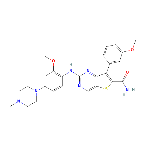 2-[2-methoxy-4-(4-methylpiperazin-1-yl)anilino]-7-(3-methoxyphenyl)thieno[3,2-d]pyrimidine-6-carboxamide (CAS: 1462947-67-6) - Chemical Structure and Molecular Formula 