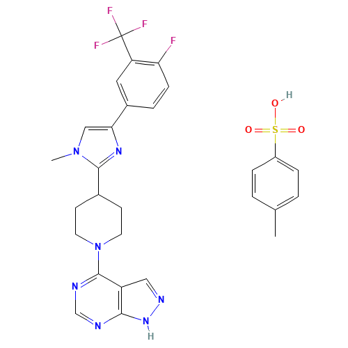 4-[4-[4-[4-fluoro-3-(trifluoromethyl)phenyl]-1-methylimidazol-2-yl]piperidin-1-yl]-1H-pyrazolo[3,4-d]pyrimidine;4-methylbenzenesulfonic acid (CAS: 1082949-68-5) - Related Chemical Product