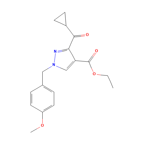 ethyl 3-(cyclopropanecarbonyl)-1-[(4-methoxyphenyl)methyl]pyrazole-4-carboxylate (CAS: 1235314-09-6) - Chemical Structure and Molecular Formula 
