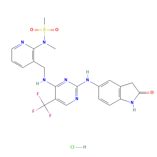 N-methyl-N-[3-[[[2-[(2-oxo-1,3-dihydroindol-5-yl)amino]-5-(trifluoromethyl)pyrimidin-4-yl]amino]methyl]pyridin-2-yl]methanesulfonamide;hydrochloride (CAS: 939791-41-0) - Related Chemical Product