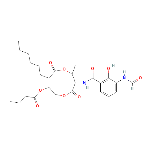 [3-[(3-formamido-2-hydroxybenzoyl)amino]-8-hexyl-2,6-dimethyl-4,9-dioxo-1,5-dioxonan-7-yl] butanoate (CAS: 27220-57-1) - Related Chemical Product