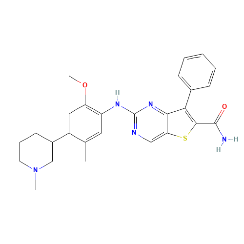 2-[2-methoxy-5-methyl-4-(1-methylpiperidin-3-yl)anilino]-7-phenylthieno[3,2-d]pyrimidine-6-carboxamide (CAS: 1462947-70-1) - Related Chemical Product