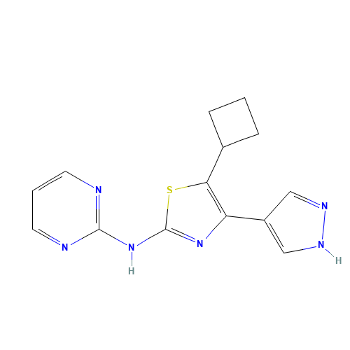 5-cyclobutyl-4-(1H-pyrazol-4-yl)-N-pyrimidin-2-yl-1,3-thiazol-2-amine (CAS: 1235313-49-1) - Chemical Structure and Molecular Formula 