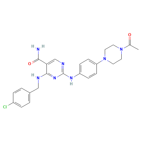 2-[4-(4-acetylpiperazin-1-yl)anilino]-4-[(4-chlorophenyl)methylamino]pyrimidine-5-carboxamide (CAS: 1198300-14-9) - Chemical Structure and Molecular Formula 