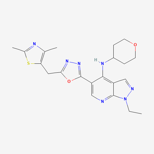 5-[5-[(2,4-dimethyl-1,3-thiazol-5-yl)methyl]-1,3,4-oxadiazol-2-yl]-1-ethyl-N-(oxan-4-yl)pyrazolo[3,4-b]pyridin-4-amine (CAS: 720704-34-7) - Related Chemical Product
