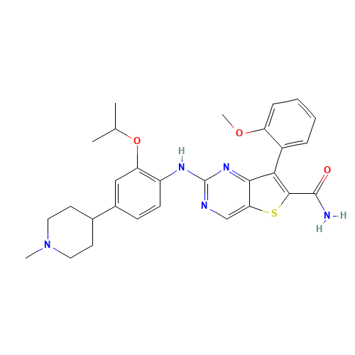 7-(2-methoxyphenyl)-2-[4-(1-methylpiperidin-4-yl)-2-propan-2-yloxyanilino]thieno[3,2-d]pyrimidine-6-carboxamide (CAS: 1462947-68-7) - Related Chemical Product