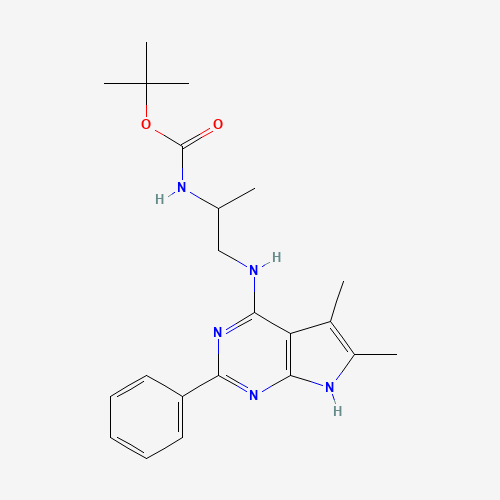 tert-butyl N-[1-[(5,6-dimethyl-2-phenyl-7H-pyrrolo[2,3-d]pyrimidin-4-yl)amino]propan-2-yl]carbamate (CAS: 251946-43-7) - Chemical Structure and Molecular Formula 