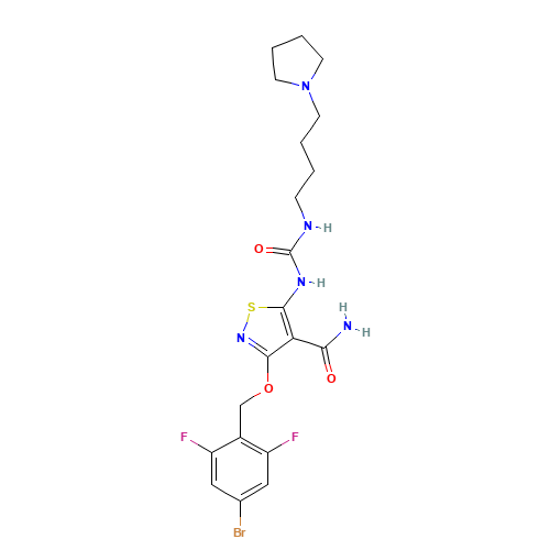3-[(4-bromo-2,6-difluorophenyl)methoxy]-5-(4-pyrrolidin-1-ylbutylcarbamoylamino)-1,2-thiazole-4-carboxamide (CAS: 252003-65-9) - Related Chemical Product