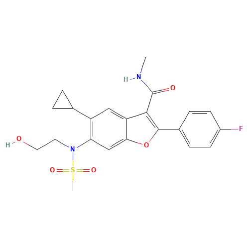 5-cyclopropyl-2-(4-fluorophenyl)-6-[2-hydroxyethyl(methylsulfonyl)amino]-N-methyl-1-benzofuran-3-carboxamide (CAS: 691852-58-1) - Chemical Structure and Molecular Formula 