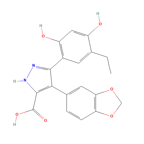 4-(1,3-benzodioxol-5-yl)-5-(3-ethyl-4-hydroxy-6-oxocyclohexa-2,4-dien-1-ylidene)-1,2-dihydropyrazole-3-carboxylic acid (CAS: 374699-77-1) - Related Chemical Product