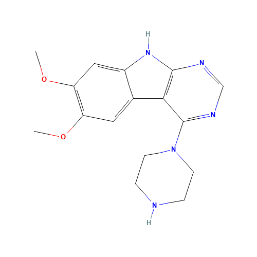 6,7-dimethoxy-4-piperazin-1-yl-9H-pyrimido[4,5-b]indole (CAS: 106635-00-1) - Chemical Structure and Molecular Formula 