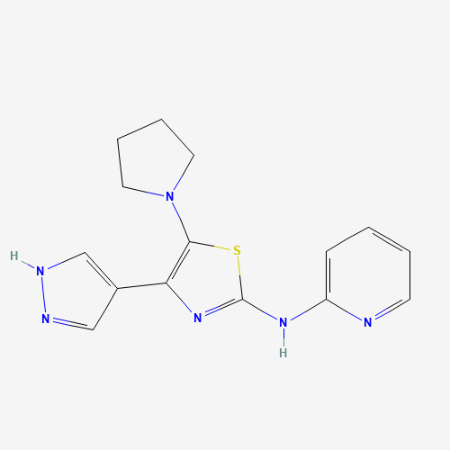 4-(1H-pyrazol-4-yl)-N-pyridin-2-yl-5-pyrrolidin-1-yl-1,3-thiazol-2-amine (CAS: 1235312-58-9) - Chemical Structure and Molecular Formula 