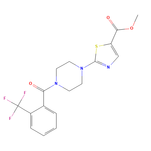 methyl 2-[4-[2-(trifluoromethyl)benzoyl]piperazin-1-yl]-1,3-thiazole-5-carboxylate (CAS: 881384-32-3) - Chemical Structure and Molecular Formula 
