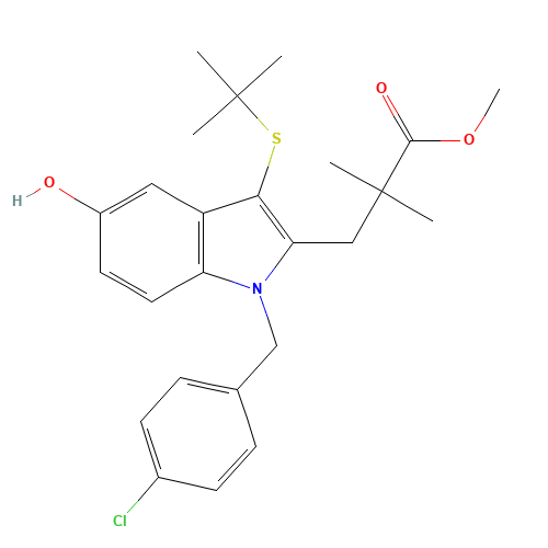 methyl 3-[3-tert-butylsulfanyl-1-[(4-chlorophenyl)methyl]-5-hydroxyindol-2-yl]-2,2-dimethylpropanoate (CAS: 136694-17-2) - Chemical Structure and Molecular Formula 