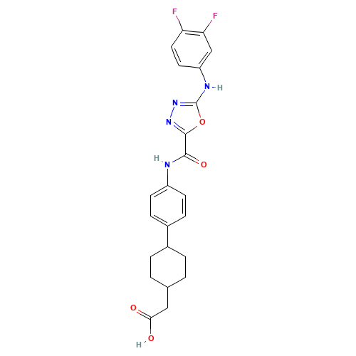 2-[4-[4-[[5-(3,4-difluoroanilino)-1,3,4-oxadiazole-2-carbonyl]amino]phenyl]cyclohexyl]acetic acid (CAS: 892489-52-0) - Chemical Structure and Molecular Formula 