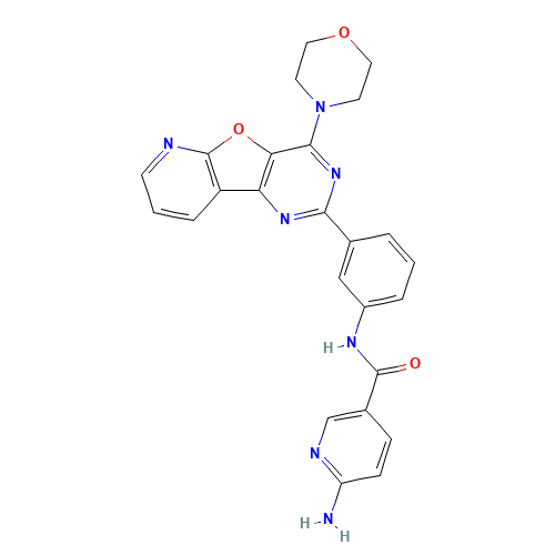 6-amino-N-[3-(4-morpholin-4-ylpyrido[2,3]furo[2,4-b]pyrimidin-2-yl)phenyl]pyridine-3-carboxamide (CAS: 371942-69-7) - Chemical Structure and Molecular Formula 