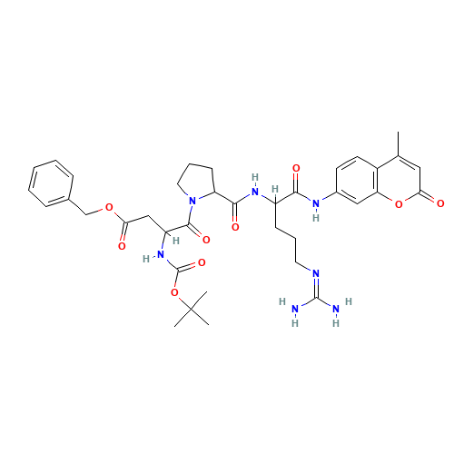 benzyl 4-[2-[[5-(diaminomethylideneamino)-1-[(4-methyl-2-oxochromen-7-yl)amino]-1-oxopentan-2-yl]carbamoyl]pyrrolidin-1-yl]-3-[(2-methylpropan-2-yl)oxycarbonylamino]-4-oxobutanoate (CAS: 113866-00-5) - Chemical Structure and Molecular Formula 