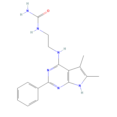 2-[(5,6-dimethyl-2-phenyl-7H-pyrrolo[2,3-d]pyrimidin-4-yl)amino]ethylurea (CAS: 251946-36-8) - Chemical Structure and Molecular Formula 