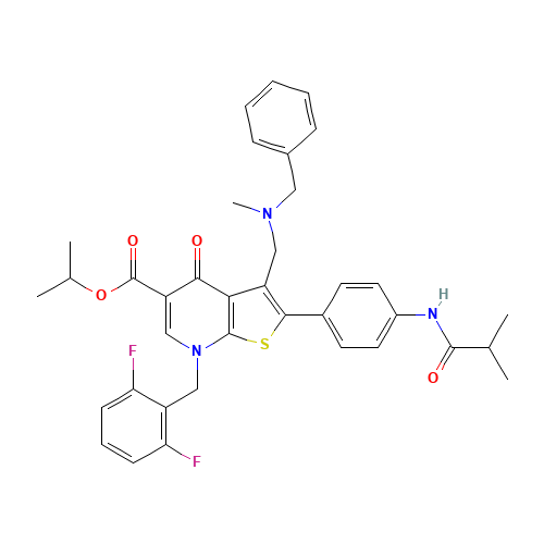 propan-2-yl 3-[[benzyl(methyl)amino]methyl]-7-[(2,6-difluorophenyl)methyl]-2-[4-(2-methylpropanoylamino)phenyl]-4-oxothieno[2,3-b]pyridine-5-carboxylate (CAS: 192887-28-8) - Related Chemical Product