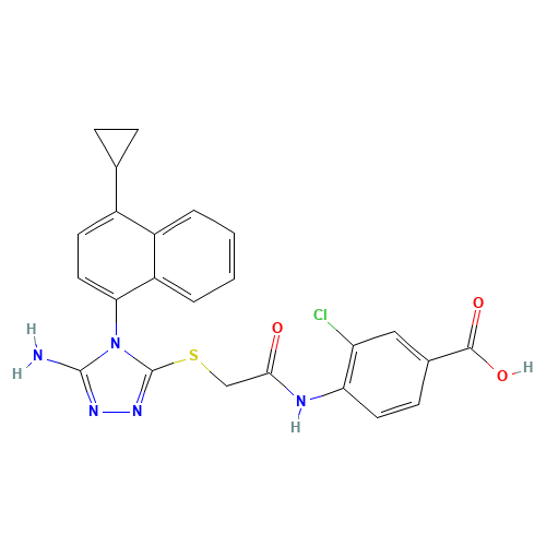 4-[[2-[[5-amino-4-(4-cyclopropylnaphthalen-1-yl)-1,2,4-triazol-3-yl]sulfanyl]acetyl]amino]-3-chlorobenzoic acid (CAS: 878672-18-5) - Related Chemical Product