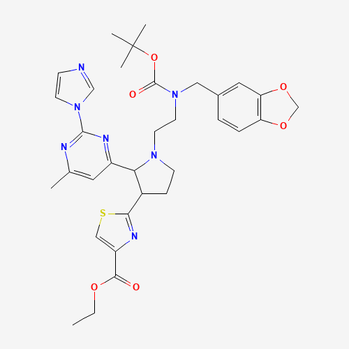 ethyl 2-[1-[2-[1,3-benzodioxol-5-ylmethyl-[(2-methylpropan-2-yl)oxycarbonyl]amino]ethyl]-2-(2-imidazol-1-yl-6-methylpyrimidin-4-yl)pyrrolidin-3-yl]-1,3-thiazole-4-carboxylate (CAS: 888314-81-6) - Related Chemical Product