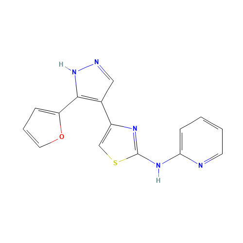 4-[5-(furan-2-yl)-1H-pyrazol-4-yl]-N-pyridin-2-yl-1,3-thiazol-2-amine (CAS: 1235312-54-5) - Chemical Structure and Molecular Formula 