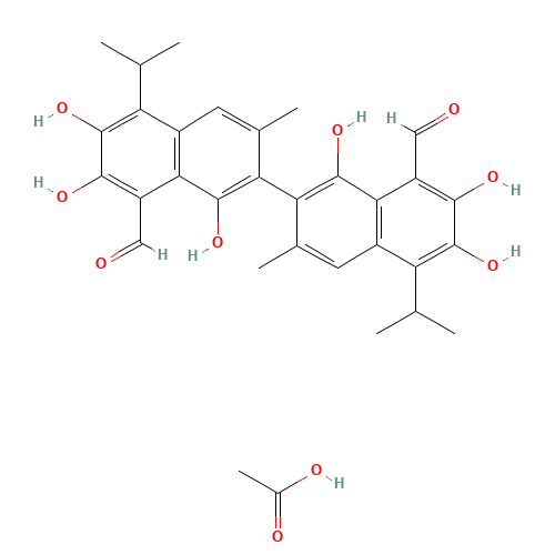 acetic acid;7-(8-formyl-1,6,7-trihydroxy-3-methyl-5-propan-2-ylnaphthalen-2-yl)-2,3,8-trihydroxy-6-methyl-4-propan-2-ylnaphthalene-1-carbaldehyde (CAS: 5453-04-3) - Related Chemical Product