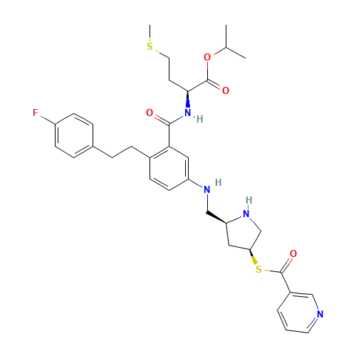 propan-2-yl (2S)-2-[[2-[2-(4-fluorophenyl)ethyl]-5-[[(2S,4S)-4-(pyridine-3-carbonylsulfanyl)pyrrolidin-2-yl]methylamino]benzoyl]amino]-4-methylsulfanylbutanoate (CAS: 345915-10-8) - Related Chemical Product