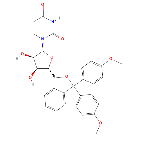 1-[(2R,3R,4S,5R)-5-[[bis(4-methoxyphenyl)-phenylmethoxy]methyl]-3,4-dihydroxyoxolan-2-yl]pyrimidine-2,4-dione (CAS: 81246-79-9) - Chemical Structure and Molecular Formula 