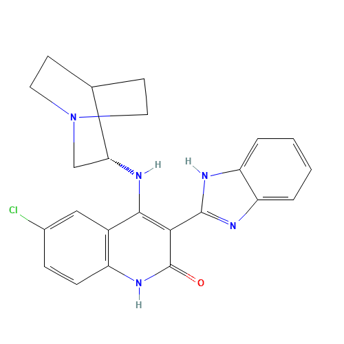 4-[[(3S)-1-azabicyclo[2.2.2]octan-3-yl]amino]-6-chloro-3-(1,3-dihydrobenzimidazol-2-ylidene)quinolin-2-one (CAS: 405168-58-3) - Chemical Structure and Molecular Formula 