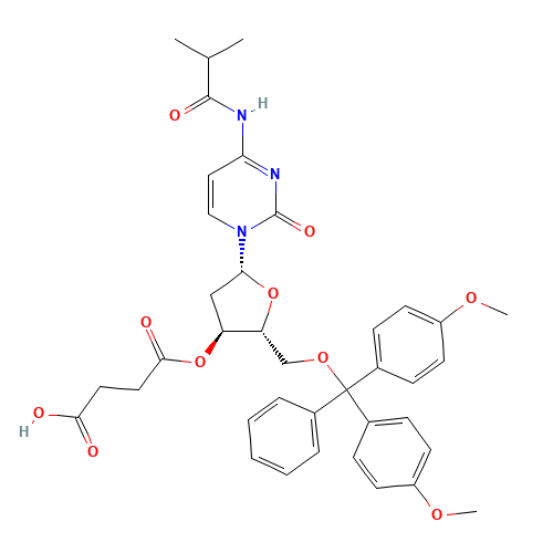 4-[(2R,3S,5R)-2-[[bis(4-methoxyphenyl)-phenylmethoxy]methyl]-5-[4-(2-methylpropanoylamino)-2-oxopyrimidin-1-yl]oxolan-3-yl]oxy-4-oxobutanoic acid (CAS: 130150-82-2) - Chemical Structure and Molecular Formula 