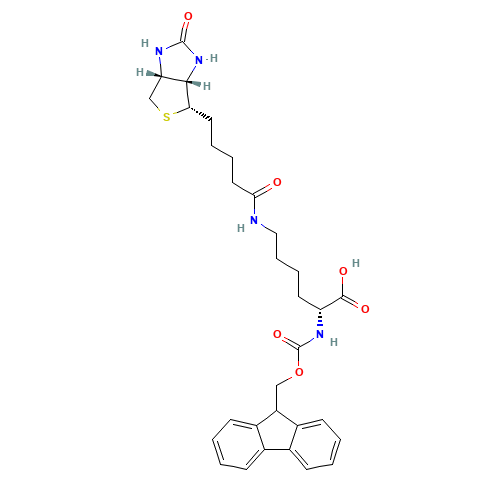 (2R)-6-[5-[(3aS,4S,6aR)-2-oxo-1,3,3a,4,6,6a-hexahydrothieno[3,4-d]imidazol-4-yl]pentanoylamino]-2-(9H-fluoren-9-ylmethoxycarbonylamino)hexanoic acid (CAS: 110990-09-5) - Chemical Structure and Molecular Formula 